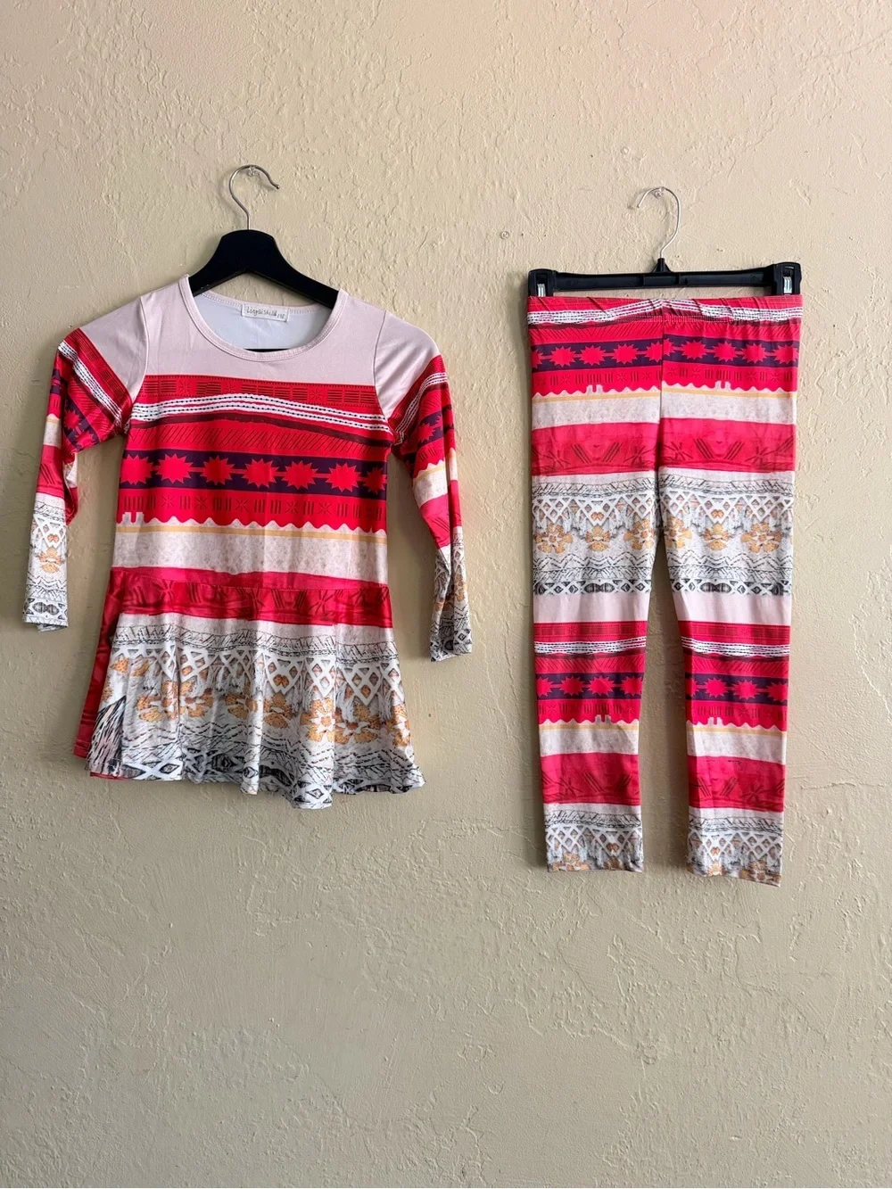 Kids Pink & Red Striped Aztec Pajama Set